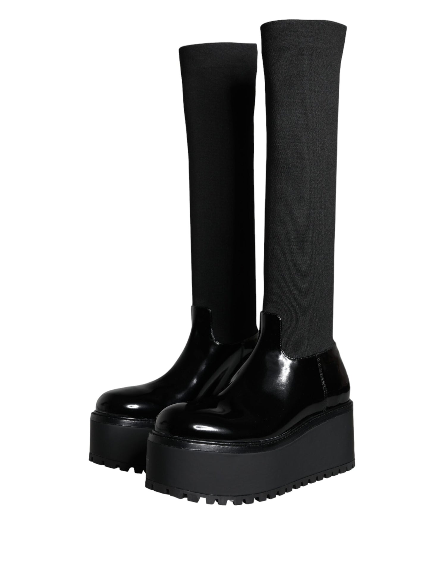 Dolce &amp; Gabbana Black Leather Jersey Knee High Boots Shoes