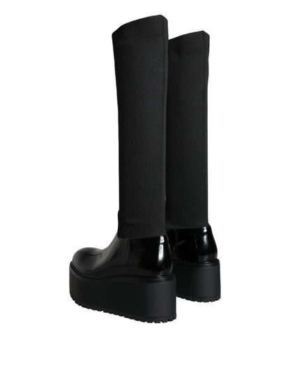 Dolce &amp; Gabbana Black Leather Jersey Knee High Boots Shoes