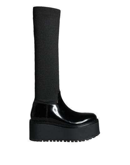 Dolce &amp; Gabbana Black Leather Jersey Knee High Boots Shoes