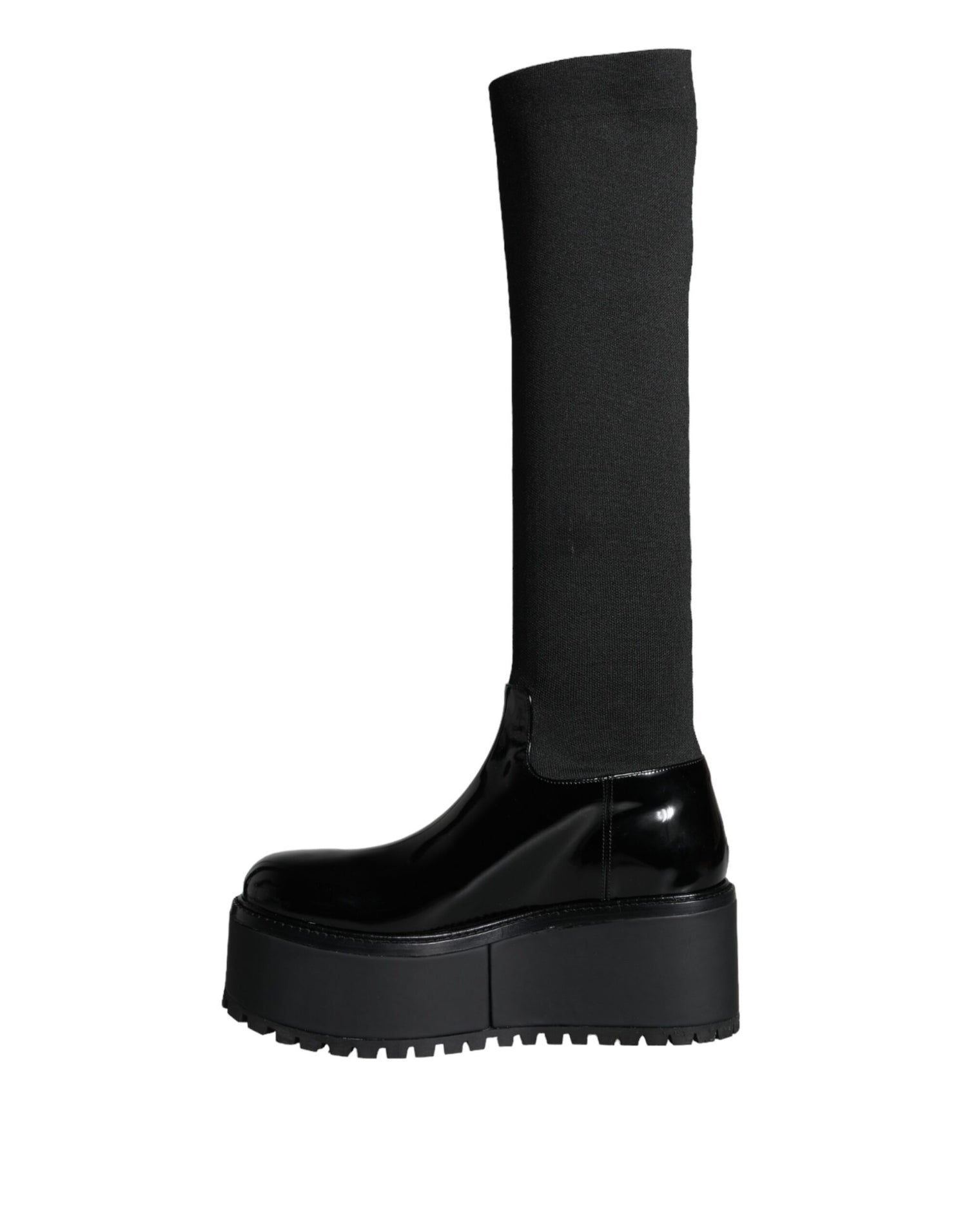 Dolce &amp; Gabbana Black Leather Jersey Knee High Boots Shoes