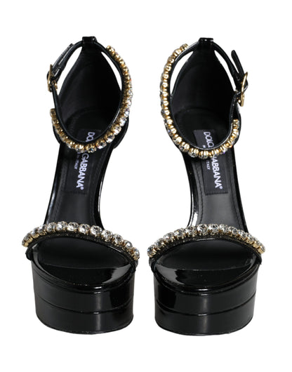 Dolce &amp; Gabbana Black Keira Leather Crystals Sandals Heels Shoes