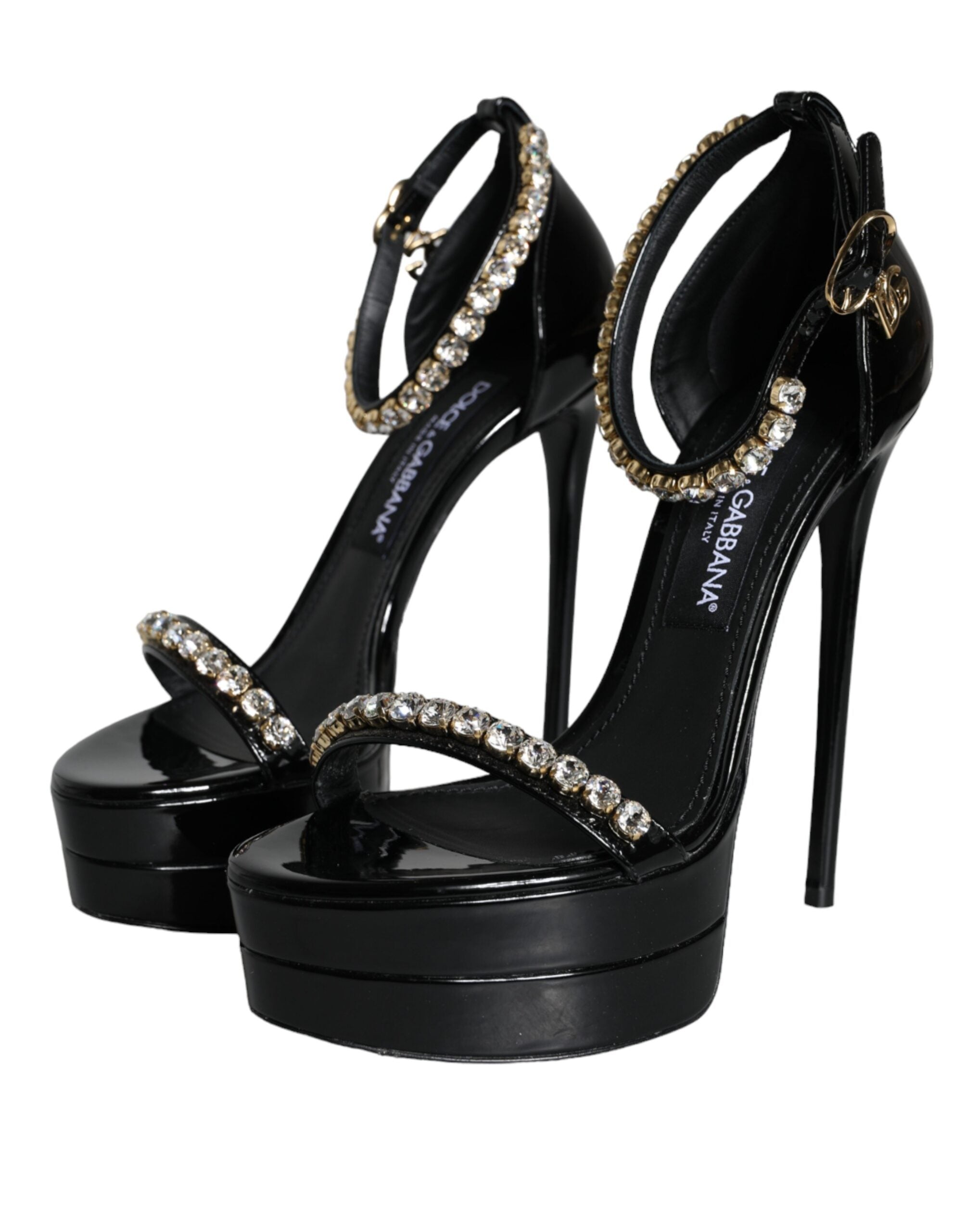 Dolce &amp; Gabbana Black Keira Leather Crystals Sandals Heels Shoes