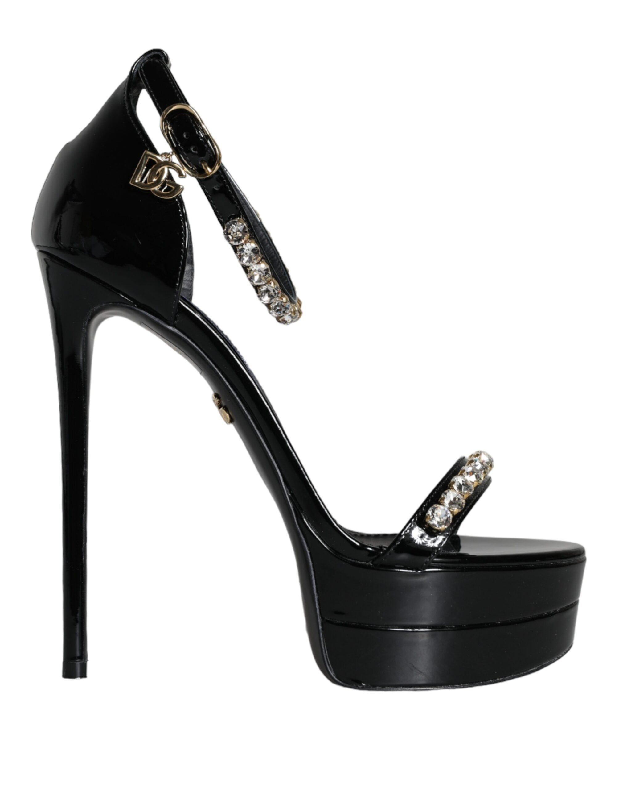 Dolce &amp; Gabbana Black Keira Leather Crystals Sandals Heels Shoes