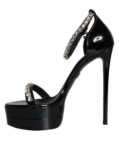 Dolce &amp; Gabbana Black Keira Leather Crystals Sandals Heels Shoes