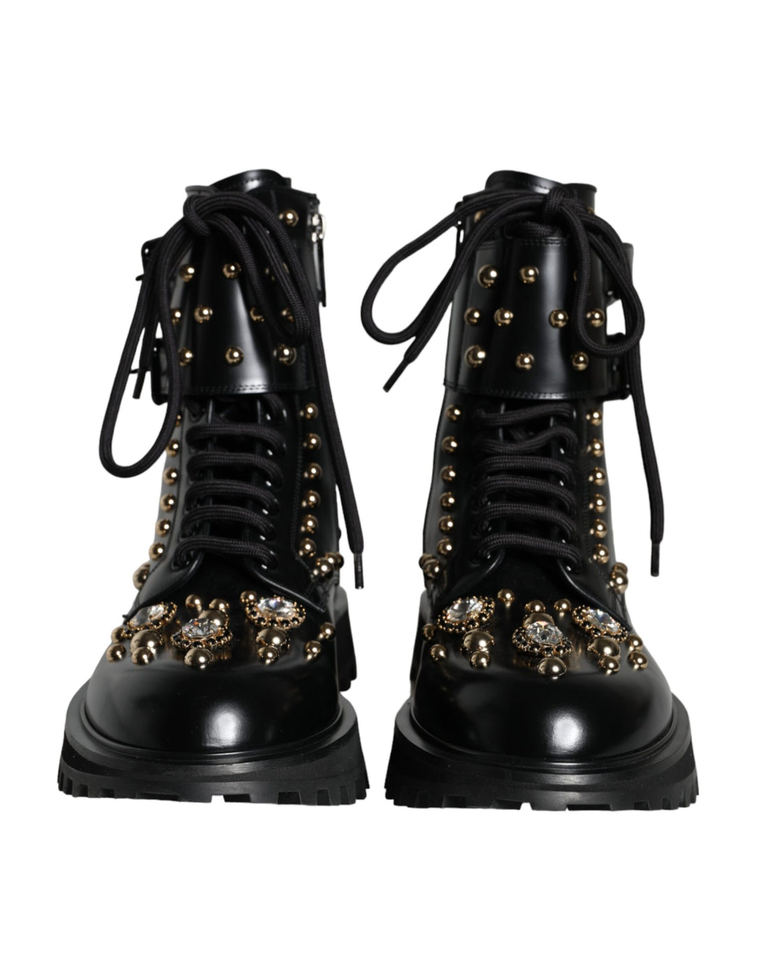 Dolce &amp; Gabbana Black Leather Studs Embellished Combat Boots Shoes