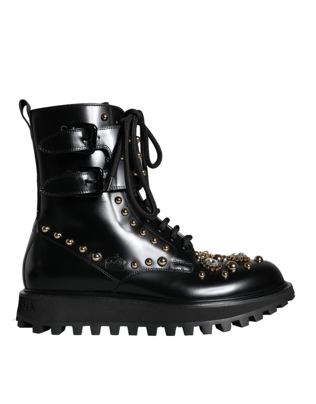 Dolce &amp; Gabbana Black Leather Studs Embellished Combat Boots Shoes