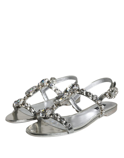 Dolce &amp; Gabbana Silver Crystal Sandals Flats Flip Flops Shoes