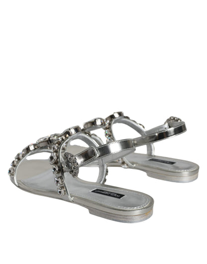 Dolce &amp; Gabbana Silver Crystal Sandals Flats Flip Flops Shoes