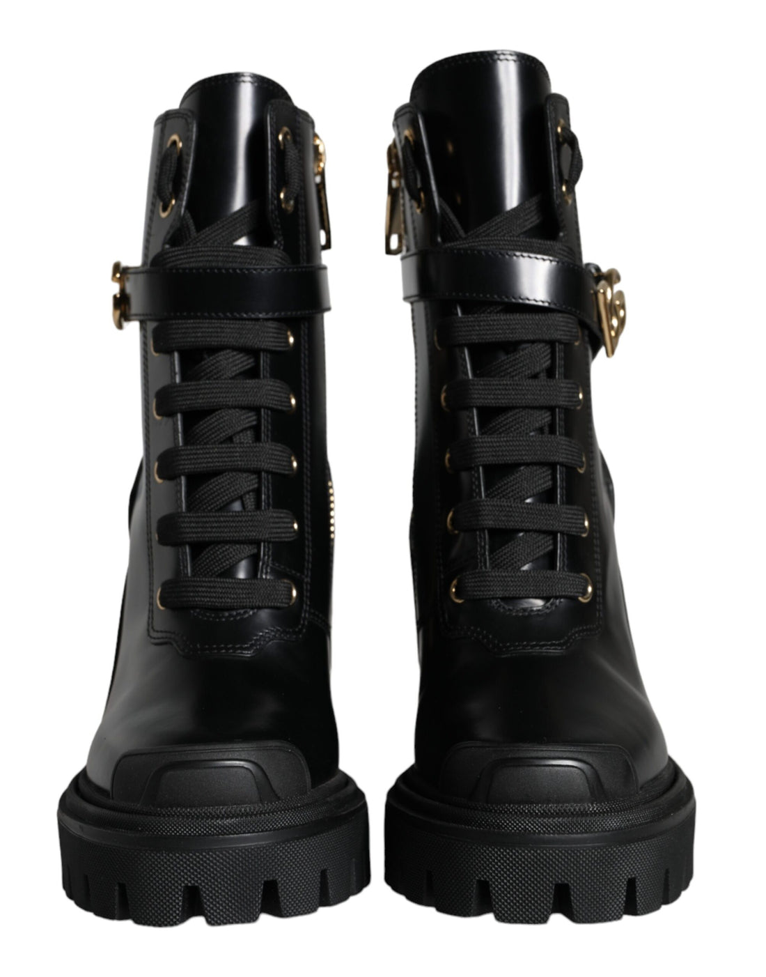 Dolce &amp; Gabbana Black Calf Leather Logo Trekking Biker Boots Shoes