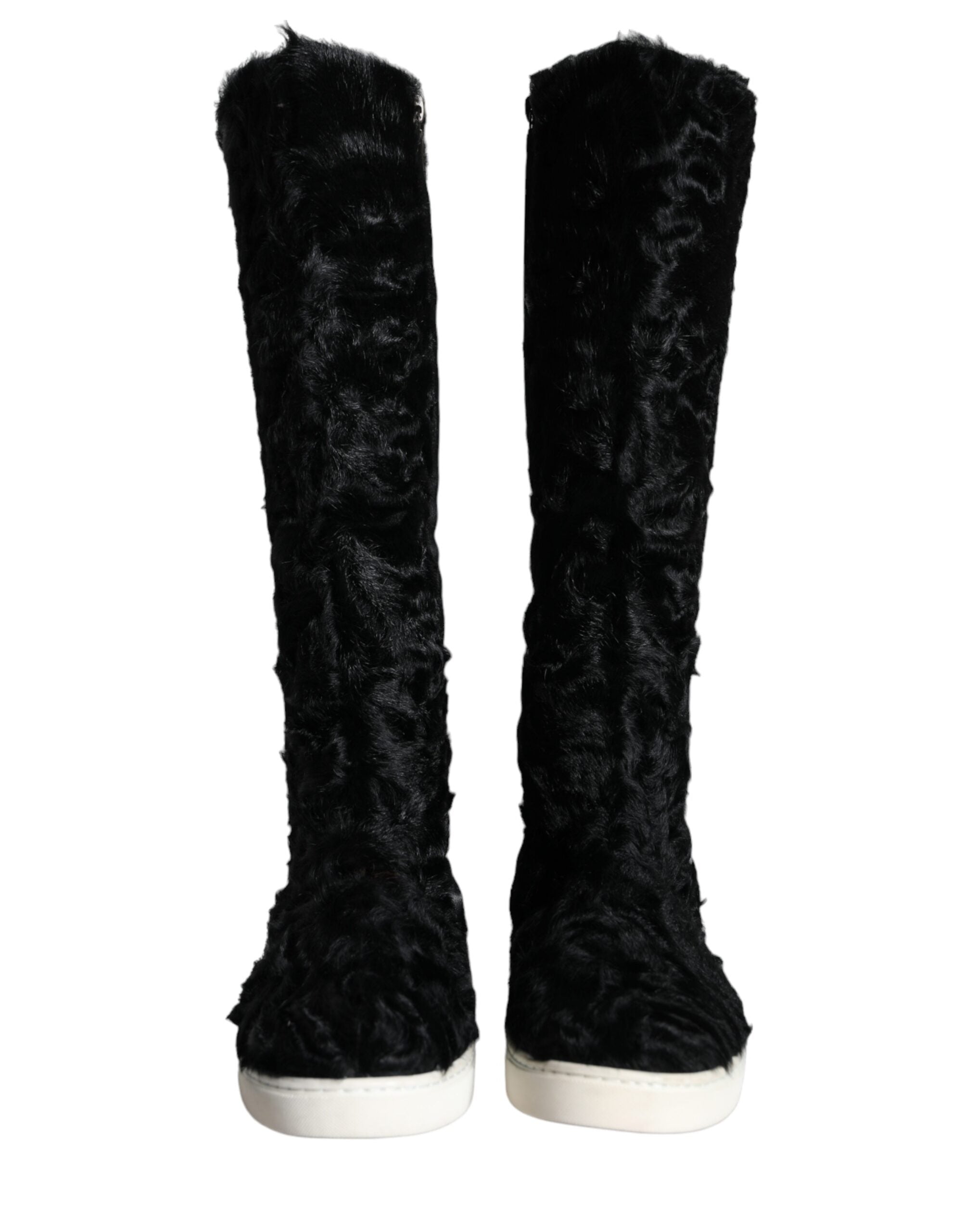 Dolce &amp; Gabbana Black Xiangao Lamb Fur Leather Boots Shoes