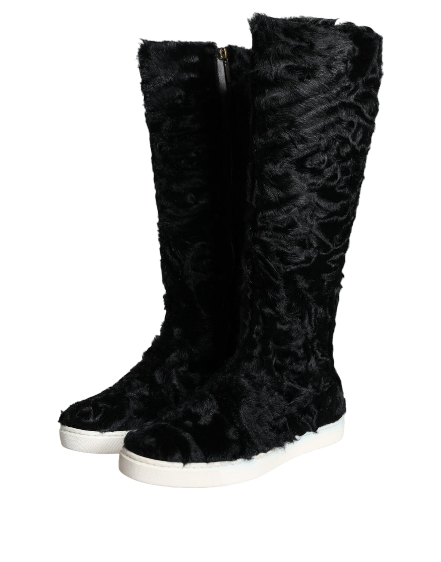 Dolce &amp; Gabbana Black Xiangao Lamb Fur Leather Boots Shoes