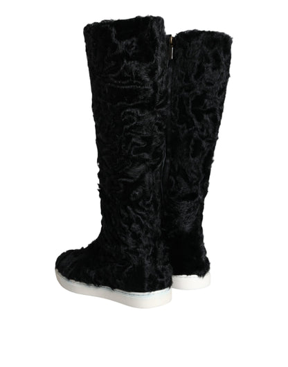 Dolce &amp; Gabbana Black Xiangao Lamb Fur Leather Boots Shoes