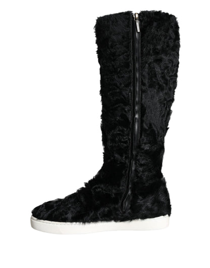 Dolce &amp; Gabbana Black Xiangao Lamb Fur Leather Boots Shoes