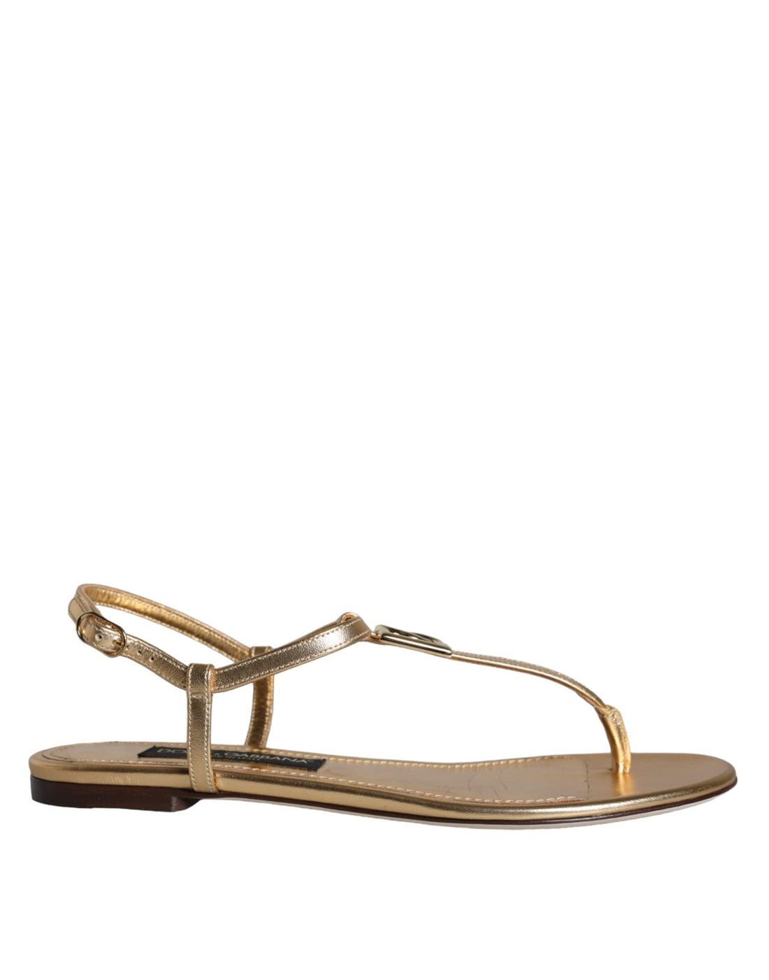 Dolce &amp; Gabbana Gold Leather DG Logo Flats Sandals Shoes