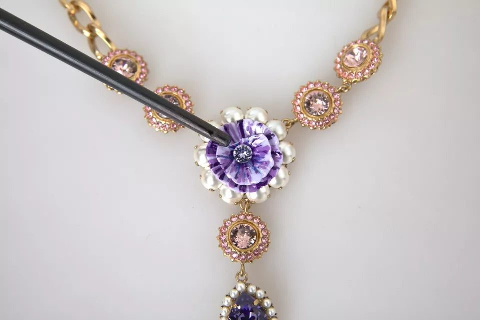 Dolce &amp; Gabbana Gold Brass Crystal Purple Pink Pearl Pendants Necklace