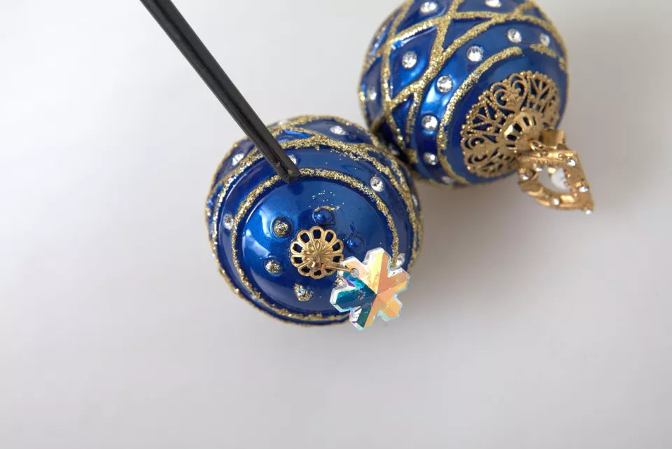 Dolce &amp; Gabbana Gold Brass Blue Dangle Christmas Ball Crystal Clip On Earrings