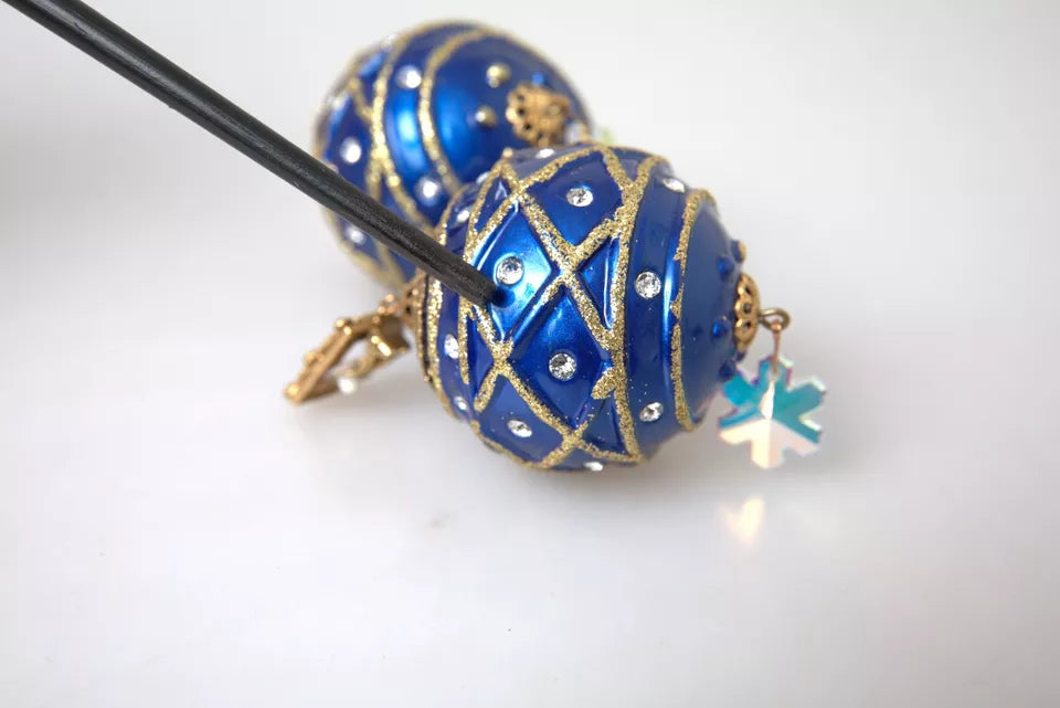 Dolce &amp; Gabbana Gold Brass Blue Dangle Christmas Ball Crystal Clip On Earrings