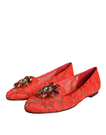 Dolce &amp; Gabbana Coral Lace Crystal Ballet Flats Loafers Shoes