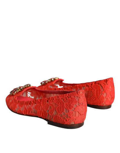 Dolce &amp; Gabbana Coral Lace Crystal Ballet Flats Loafers Shoes