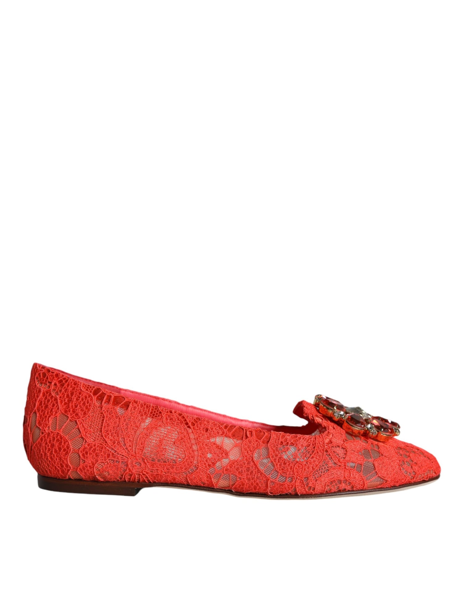 Dolce &amp; Gabbana Coral Lace Crystal Ballet Flats Loafers Shoes