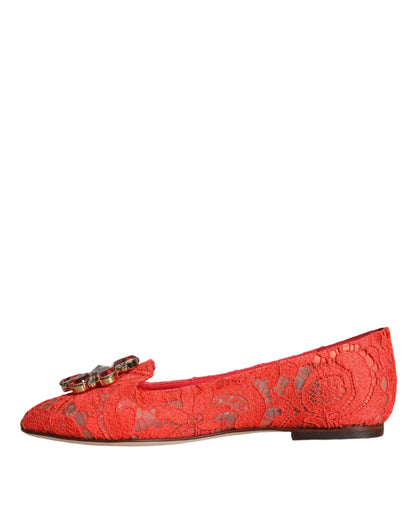 Dolce &amp; Gabbana Coral Lace Crystal Ballet Flats Loafers Shoes