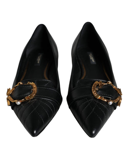 Dolce &amp; Gabbana Black Devotion Leather Pointy Flats Shoes