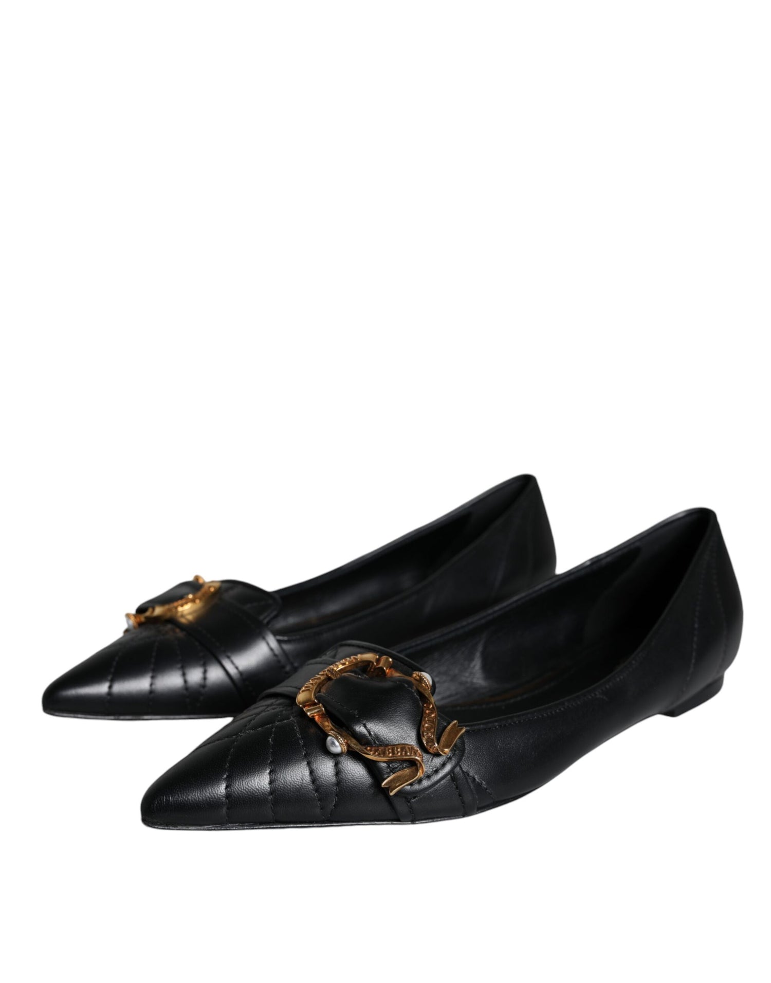 Dolce &amp; Gabbana Black Devotion Leather Pointy Flats Shoes