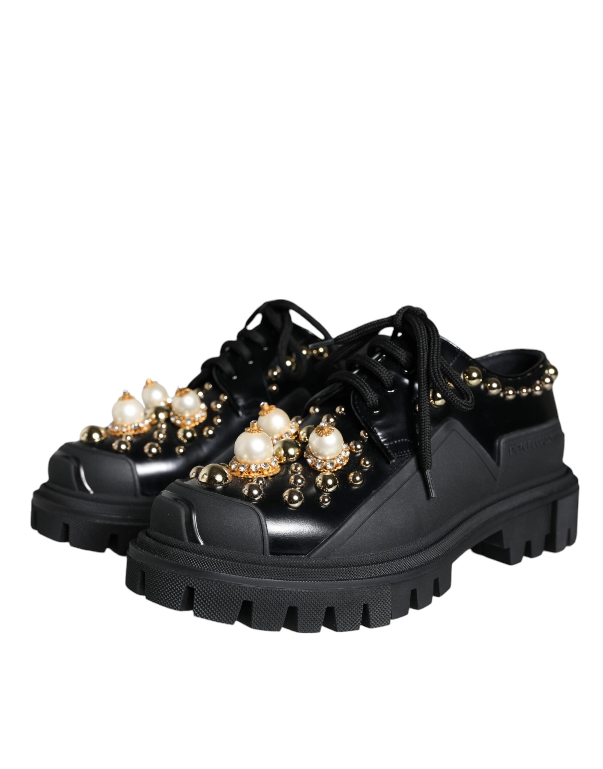 Dolce &amp; Gabbana Black Leather Trekking Derby Embellished Shoes