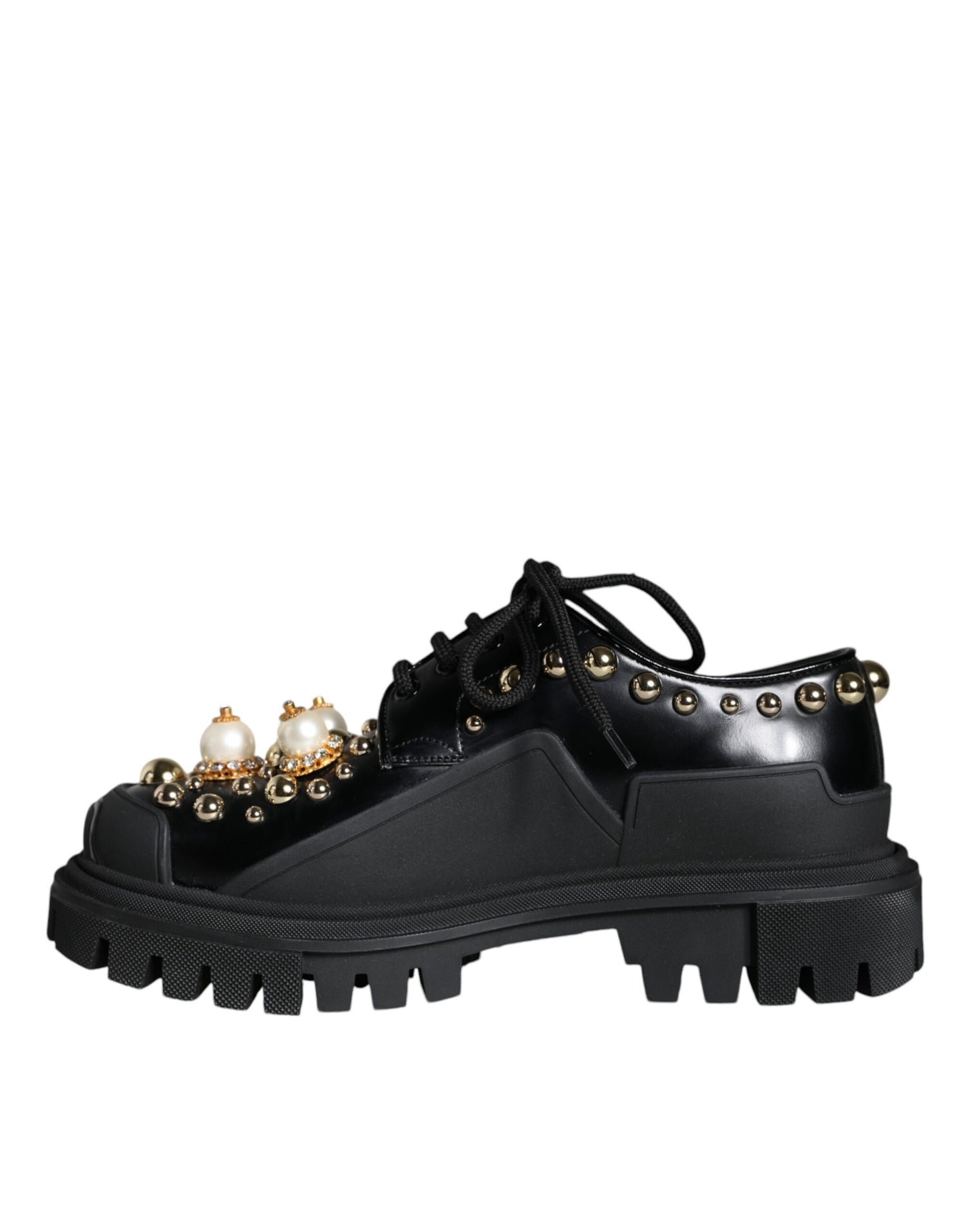 Dolce &amp; Gabbana Black Leather Trekking Derby Embellished Shoes