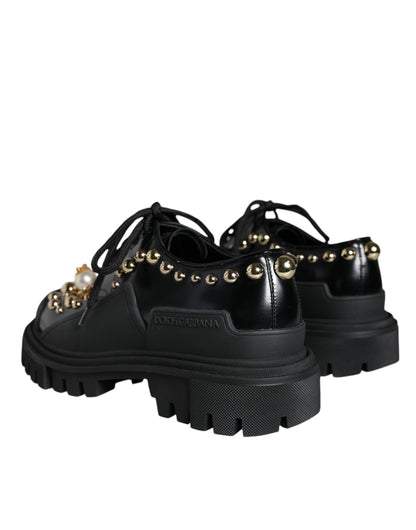 Dolce &amp; Gabbana Black Leather Trekking Derby Embellished Shoes