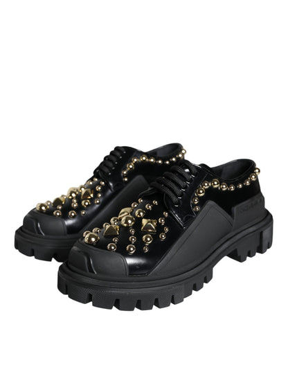 Dolce &amp; Gabbana Black Leather Trekking Derby Embellished Shoes