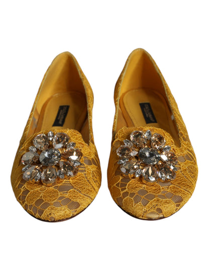 Dolce &amp; Gabbana Mustard Lace Crystal Ballet Flats Loafer Shoes