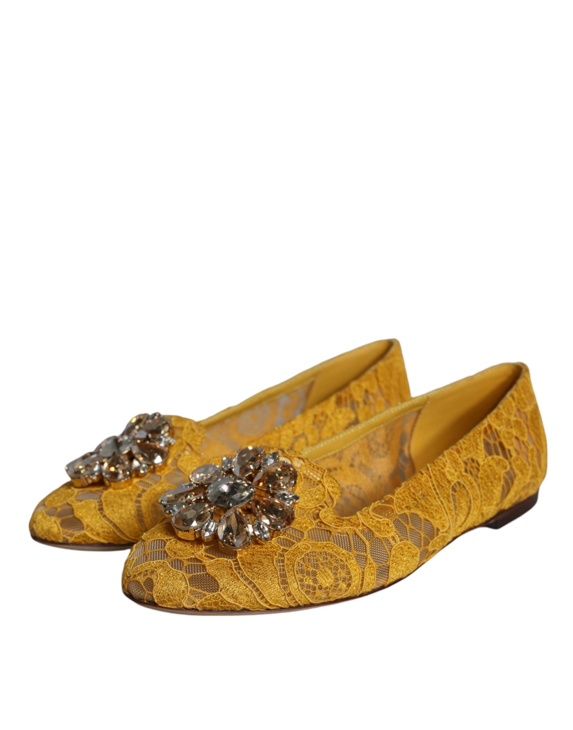 Dolce &amp; Gabbana Mustard Lace Crystal Ballet Flats Loafer Shoes