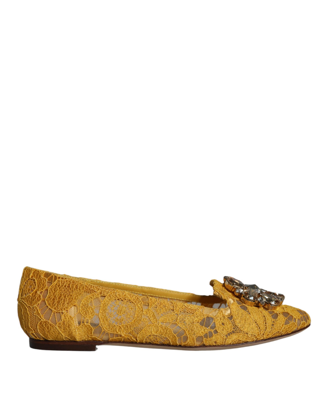 Dolce &amp; Gabbana Mustard Lace Crystal Ballet Flats Loafer Shoes