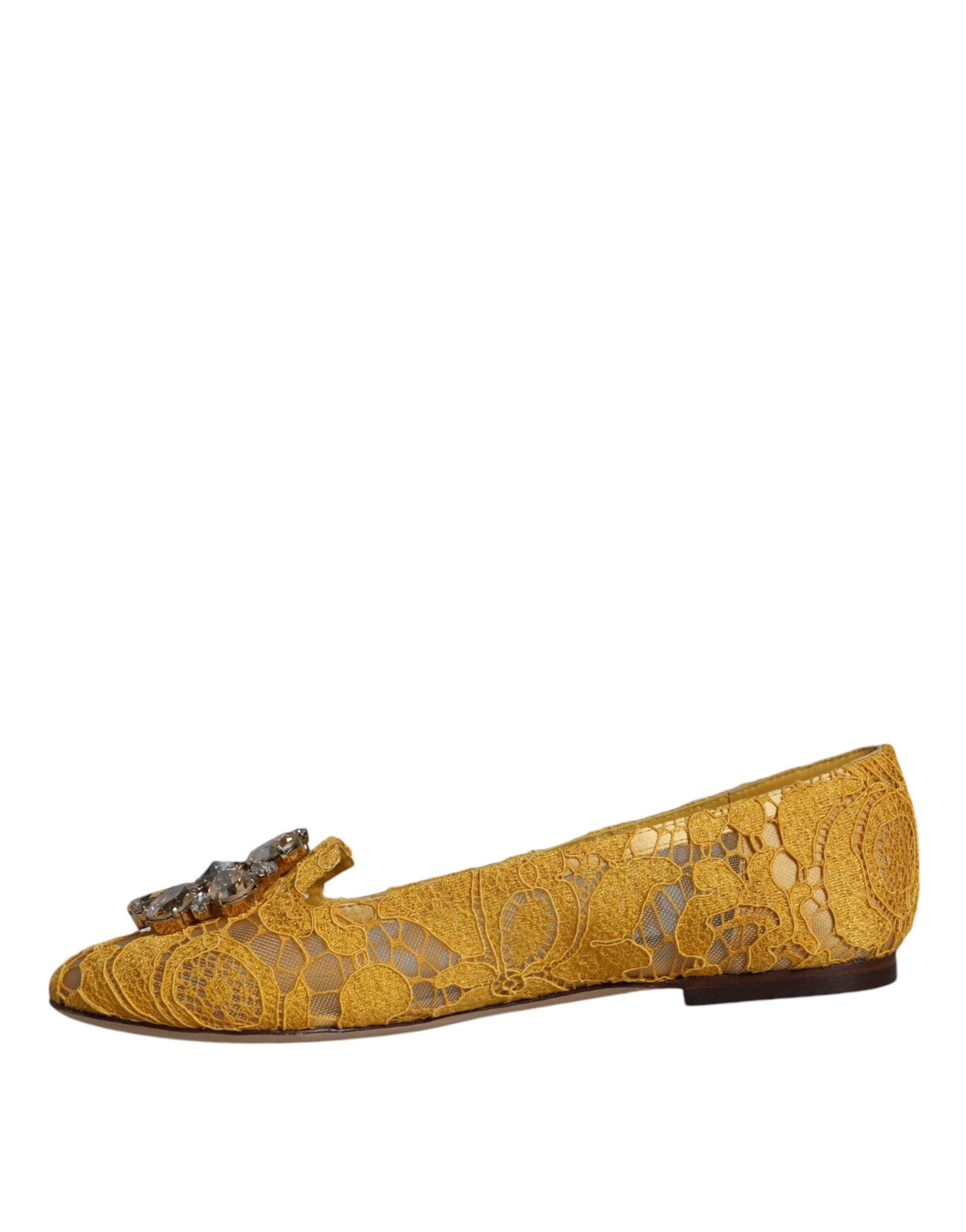 Dolce &amp; Gabbana Mustard Lace Crystal Ballet Flats Loafer Shoes