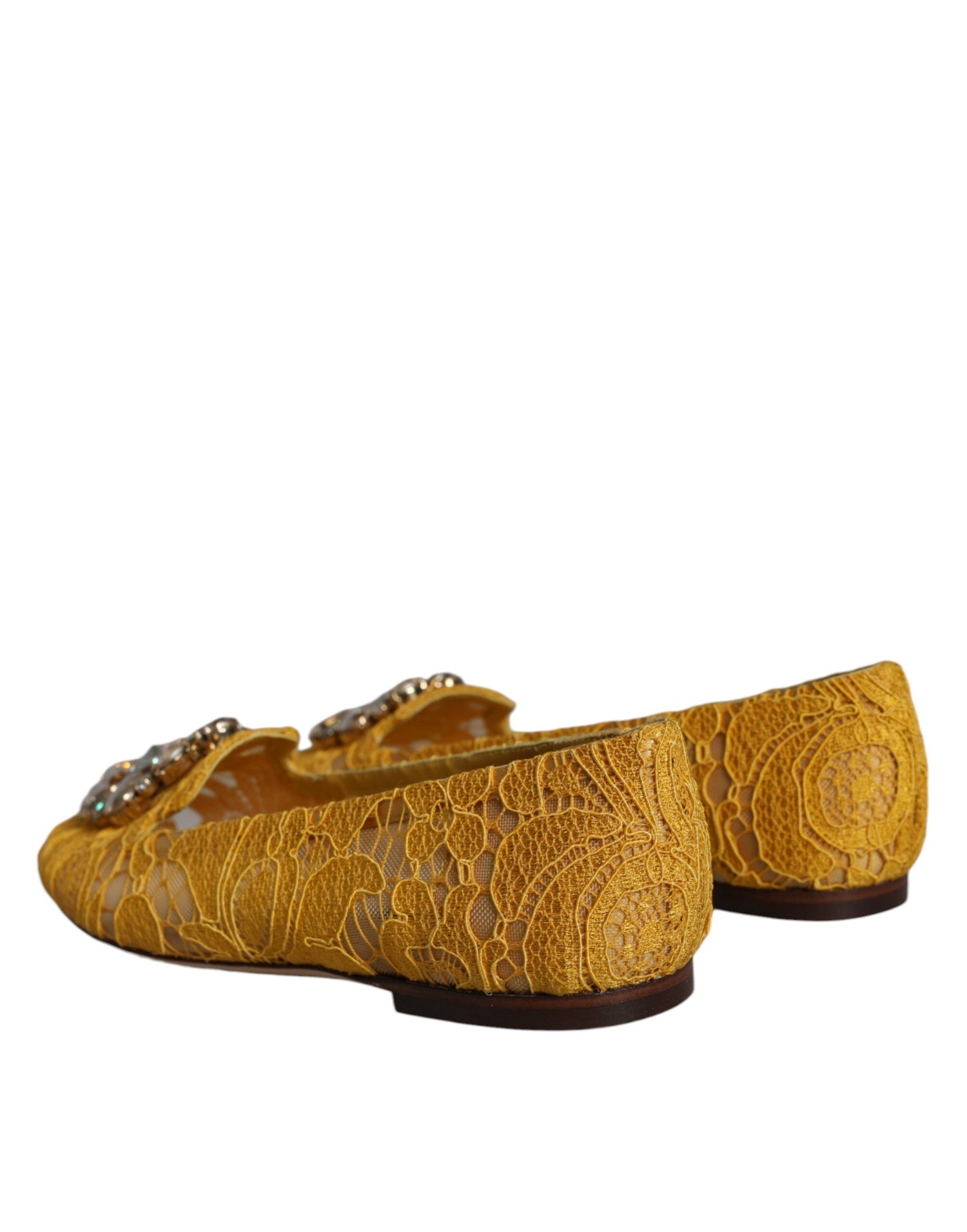 Dolce &amp; Gabbana Mustard Lace Crystal Ballet Flats Loafer Shoes