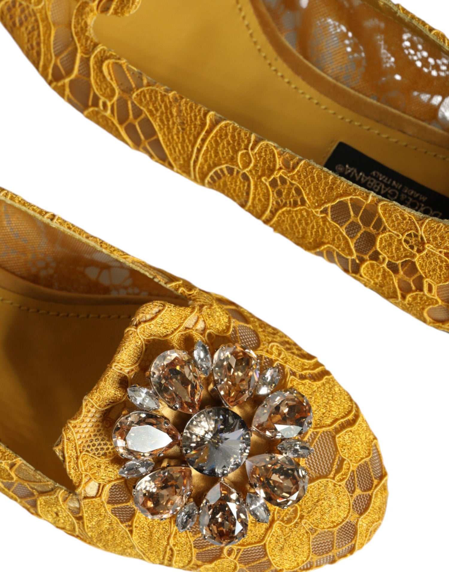 Dolce &amp; Gabbana Mustard Lace Crystal Ballet Flats Loafer Shoes