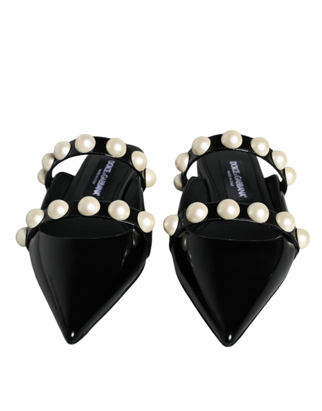 Dolce &amp; Gabbana Black Leather Pearls Slides Sandals Shoes