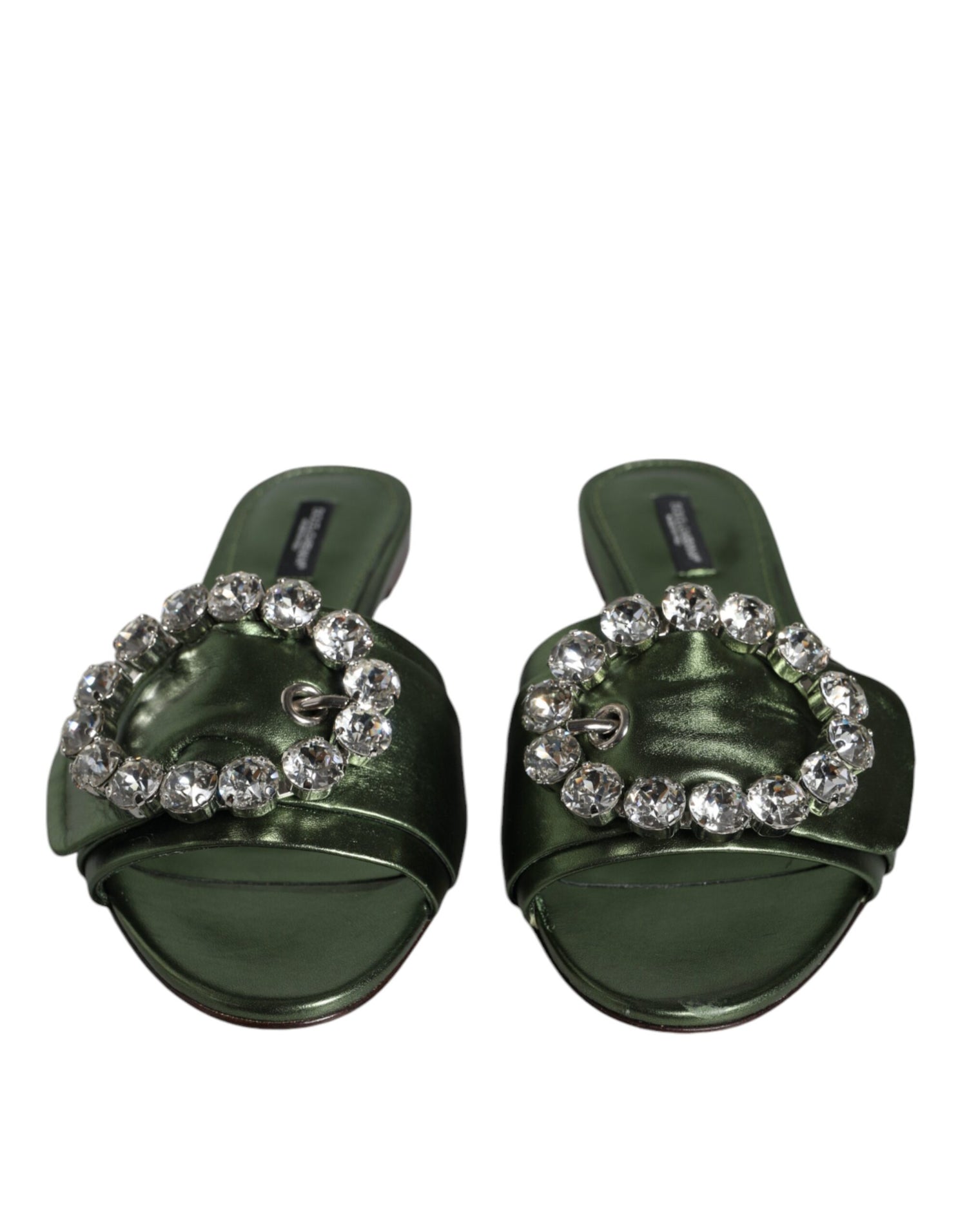 Dolce &amp; Gabbana Metallic Green Crystal Leather Flats Sandals Shoes