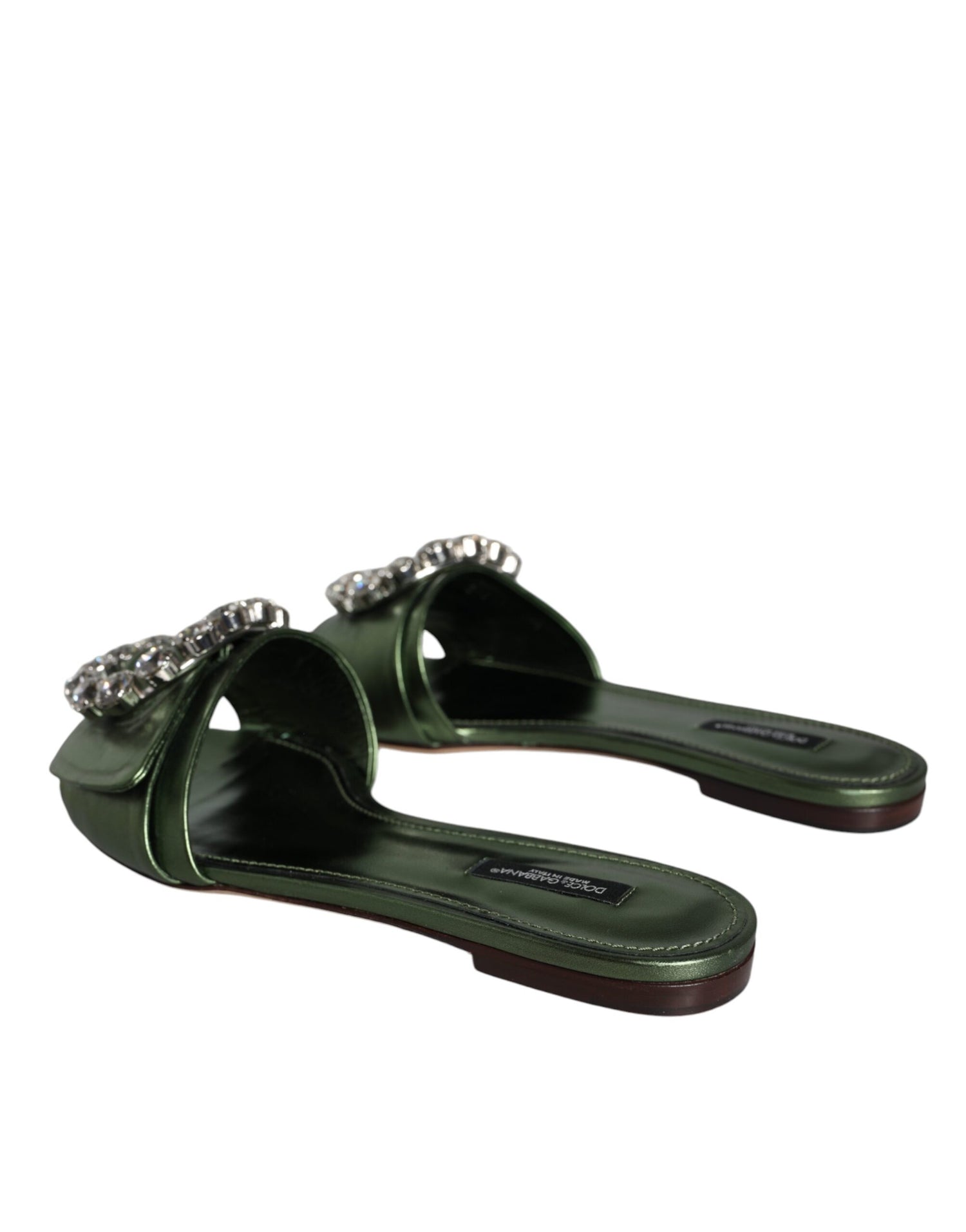 Dolce &amp; Gabbana Metallic Green Crystal Leather Flats Sandals Shoes