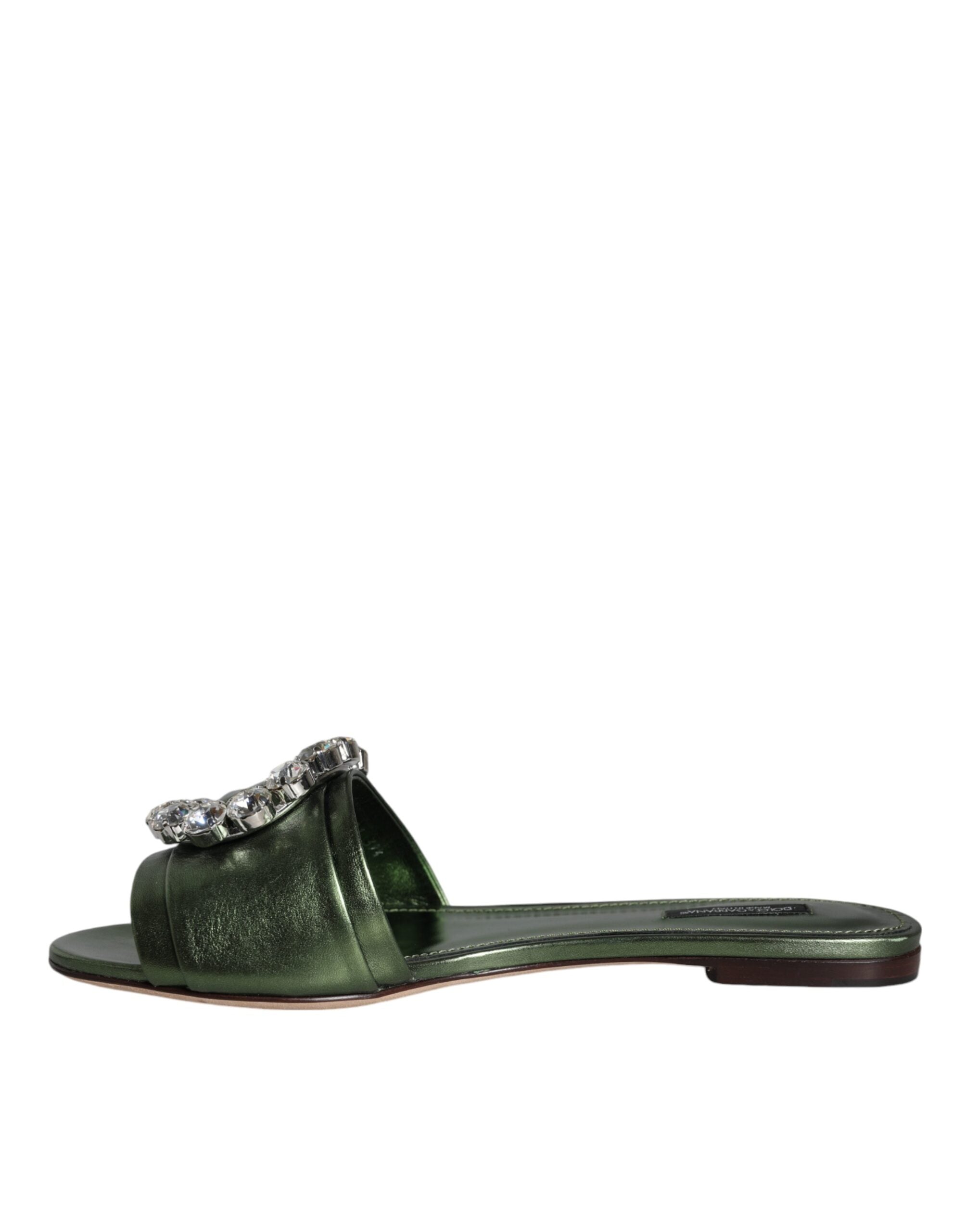 Dolce &amp; Gabbana Metallic Green Crystal Leather Flats Sandals Shoes