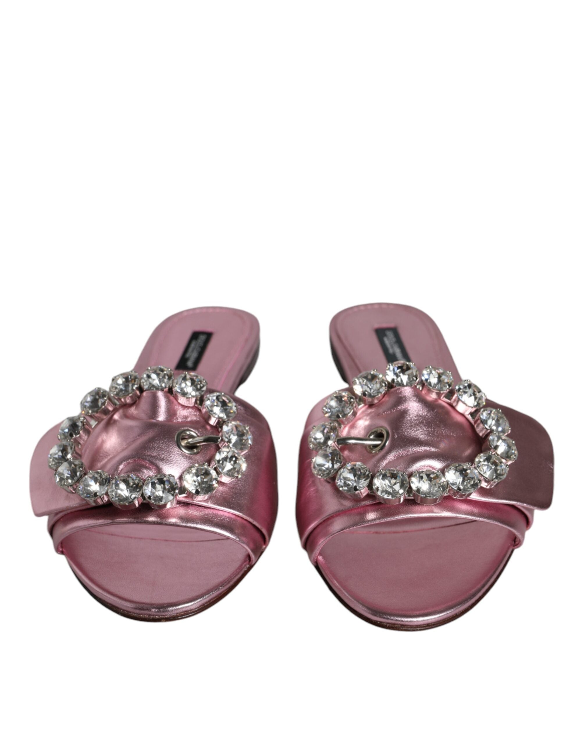 Dolce &amp; Gabbana Metallic Pink Crystal Leather Flats Sandals Shoes