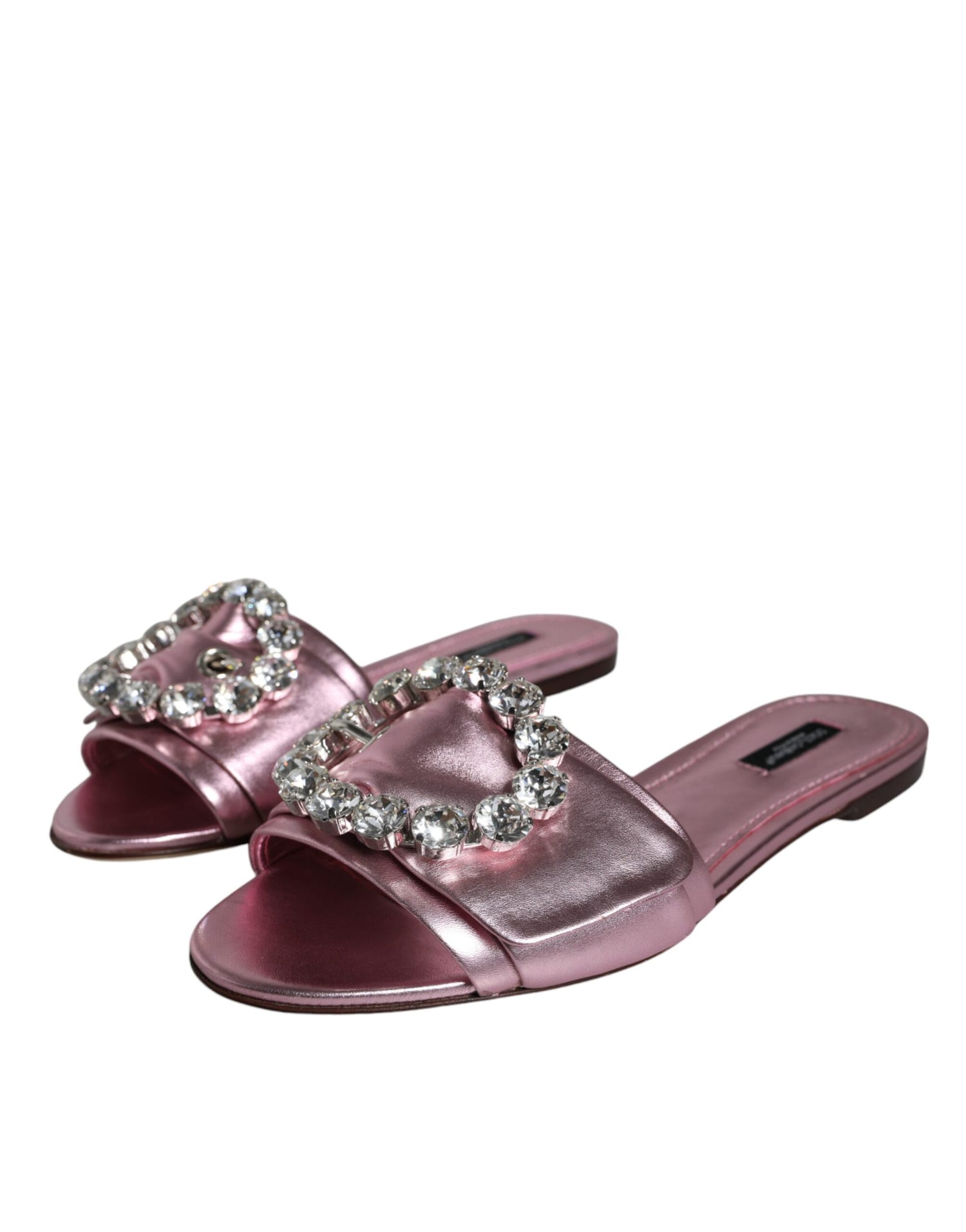 Dolce &amp; Gabbana Metallic Pink Crystal Leather Flats Sandals Shoes