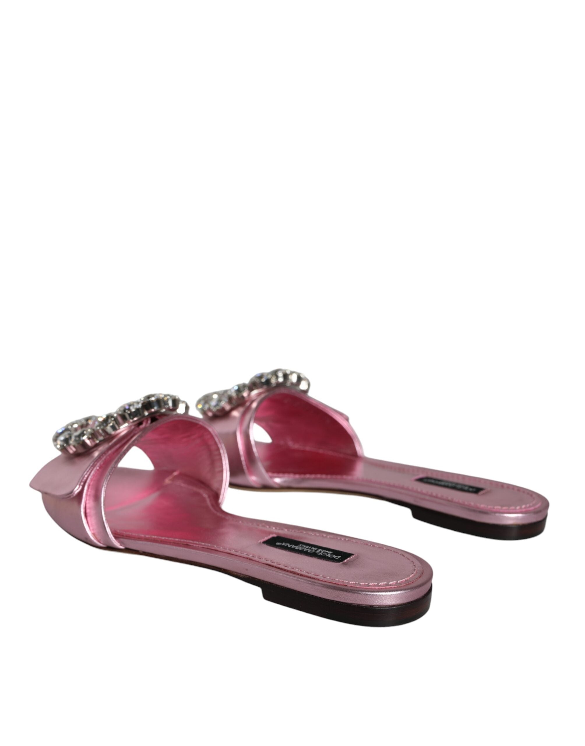 Dolce &amp; Gabbana Metallic Pink Crystal Leather Flats Sandals Shoes