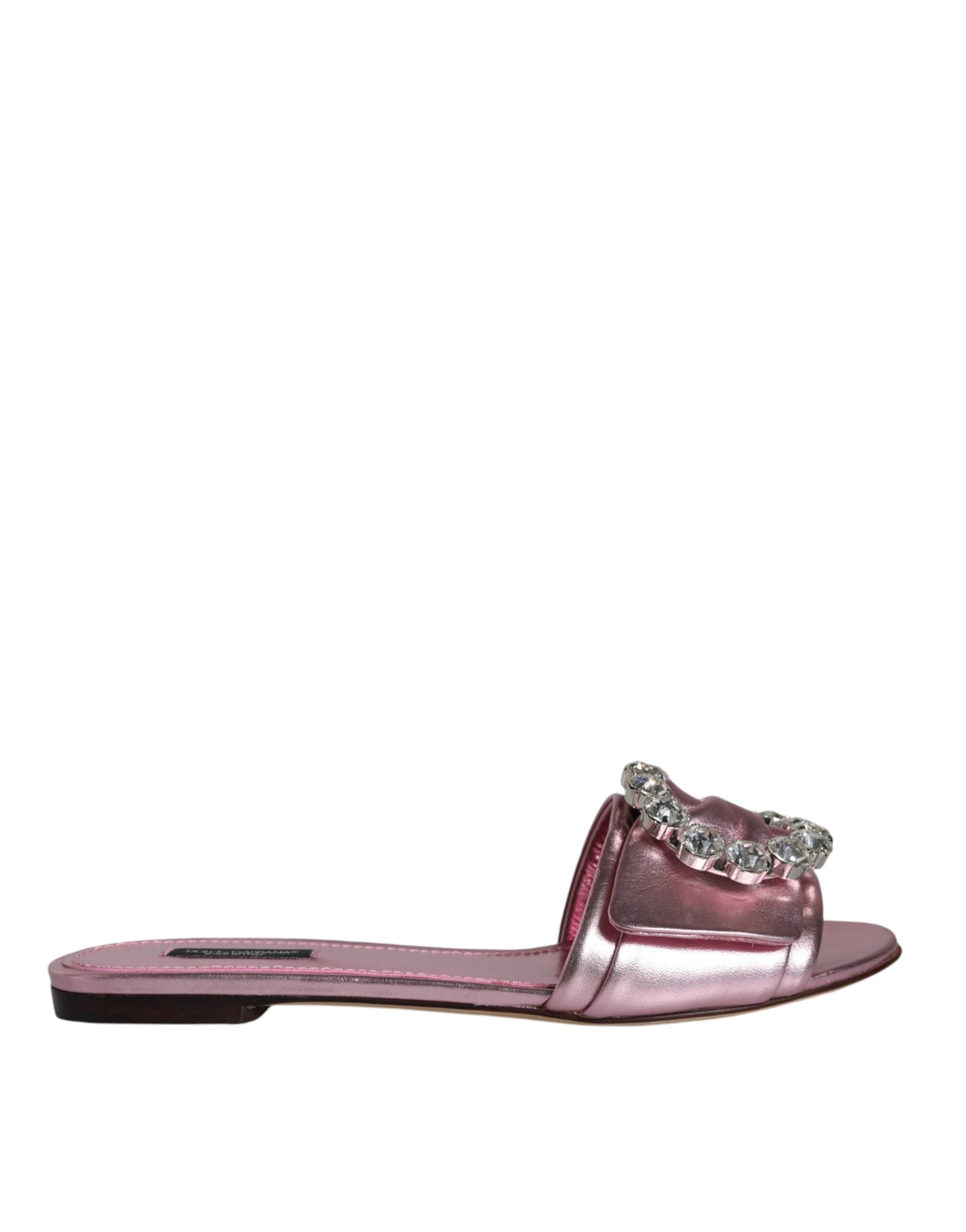 Dolce &amp; Gabbana Metallic Pink Crystal Leather Flats Sandals Shoes