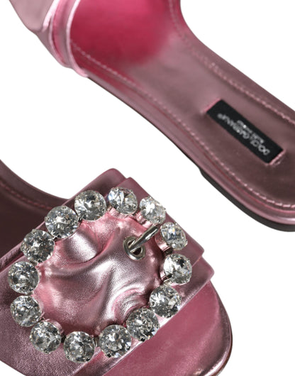 Dolce &amp; Gabbana Metallic Pink Crystal Leather Flats Sandals Shoes