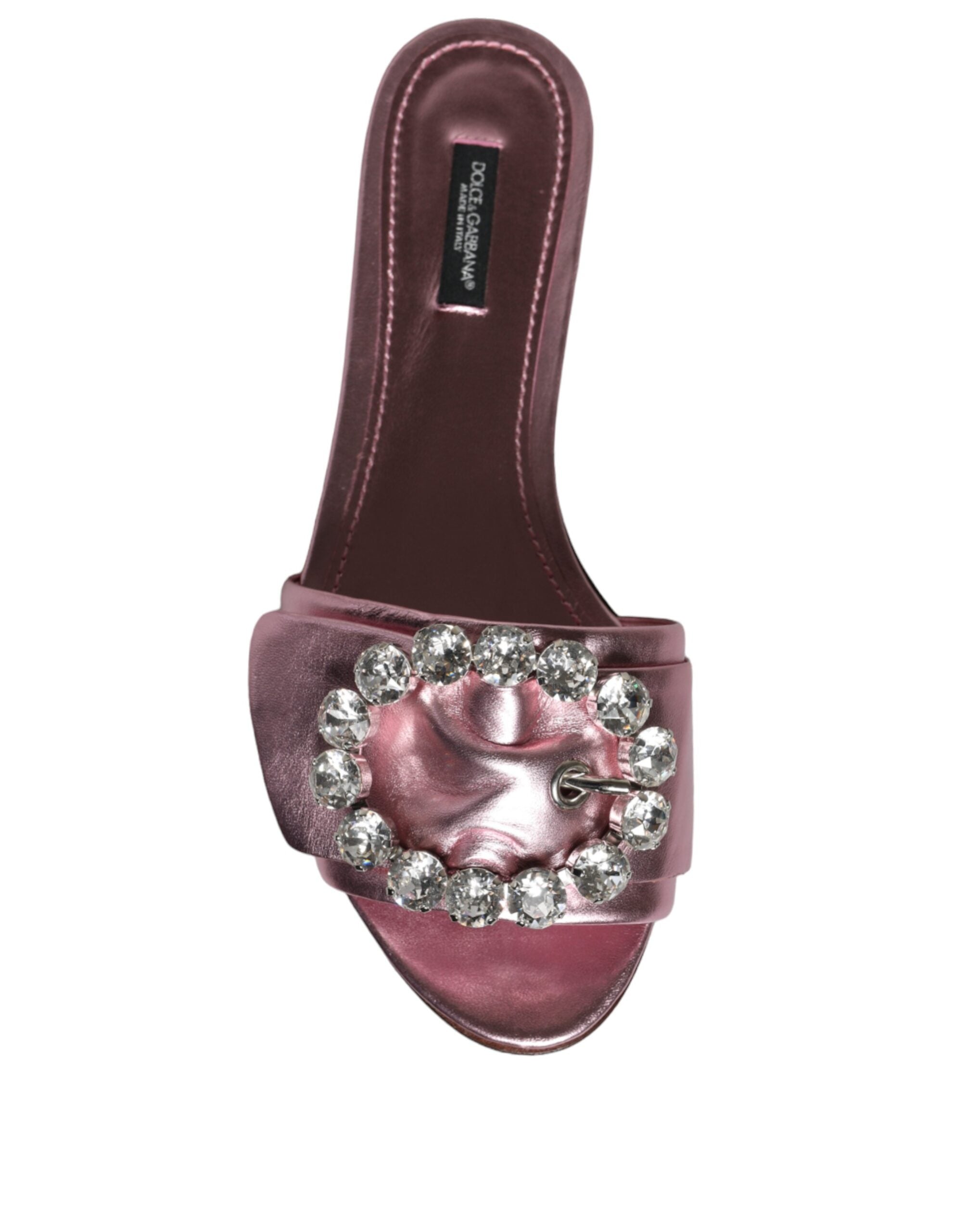 Dolce &amp; Gabbana Metallic Pink Crystal Leather Flats Sandals Shoes