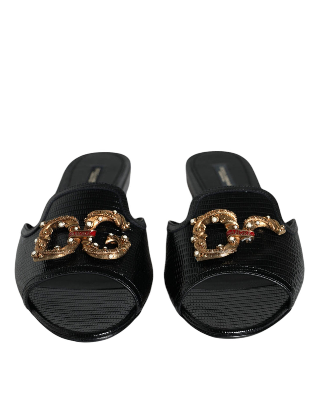 Dolce &amp; Gabbana Black DG Amore Leather Slip On Flats Shoes