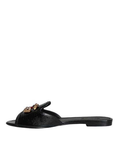 Dolce &amp; Gabbana Black DG Amore Leather Slip On Flats Shoes