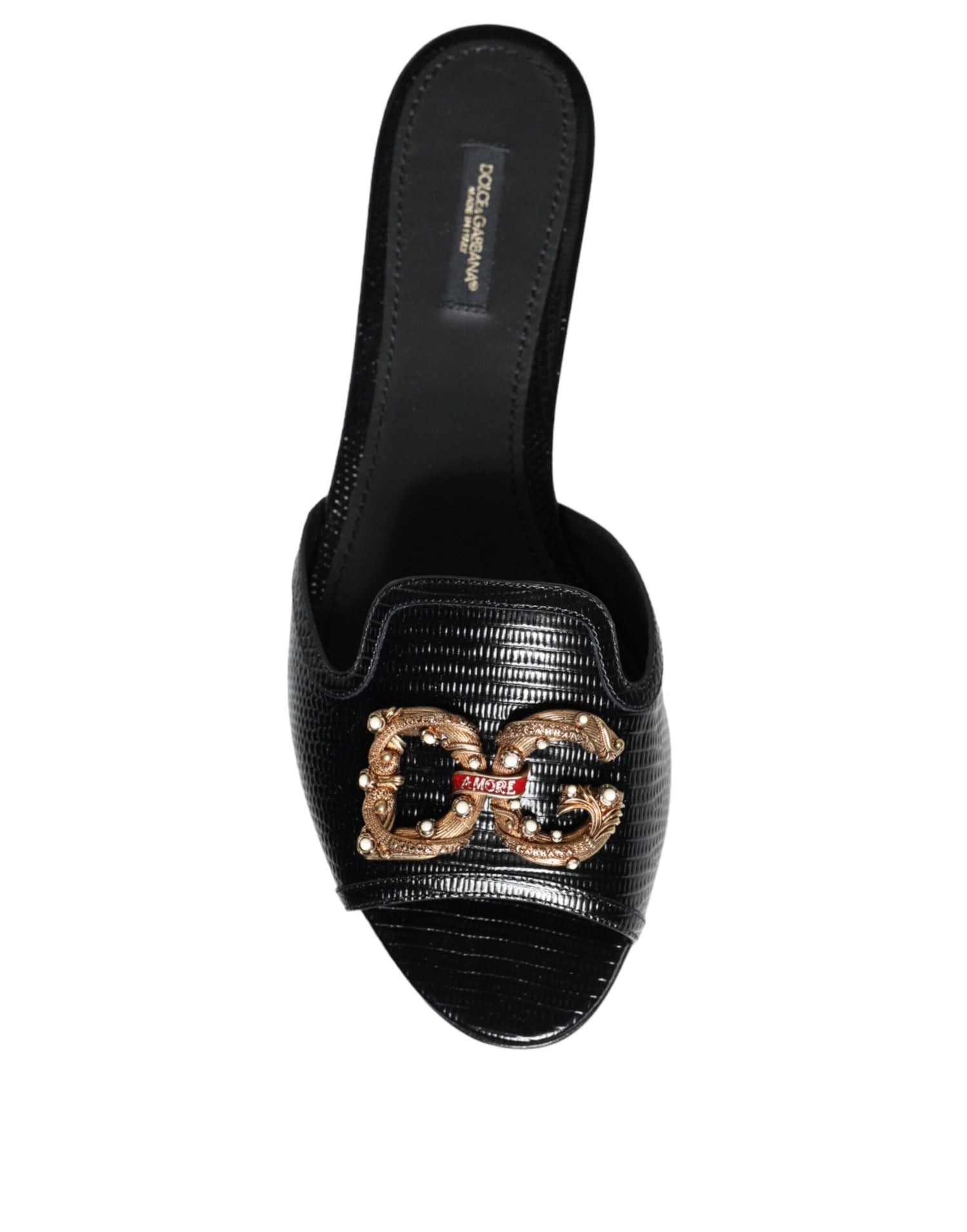 Dolce &amp; Gabbana Black DG Amore Leather Slip On Flats Shoes